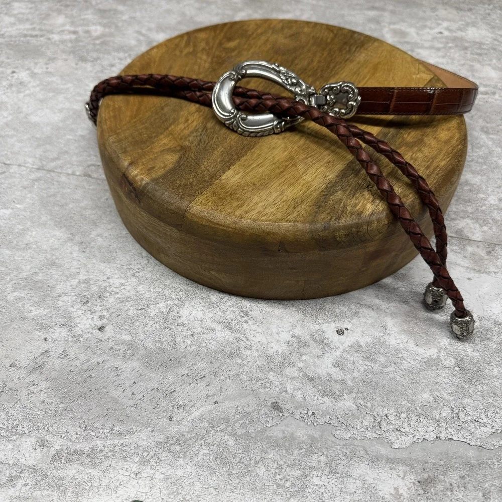 Vintage Western Leather Belt Womens Med/Large Brown Braided Tassel Silver Buckle